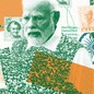 A collage with an image of Modi and other Indian leaders, and the word "democracy" struck through