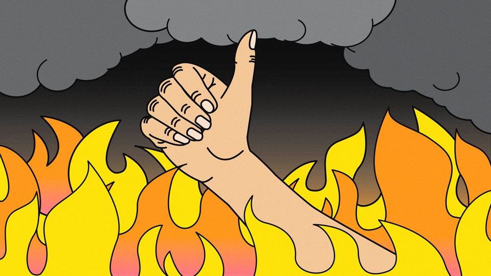 a cartoon hand gives a thumbs-up amid flames