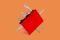 Illustration of a red book with multiple sharp tools sticking out of it, resembling a Swiss Army knife