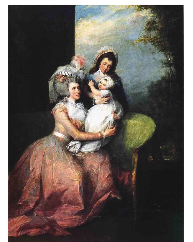oil painting of woman seated wearing large powdered wig, hat with flower, and voluminous dress, holding a young child with a male servant standing behind