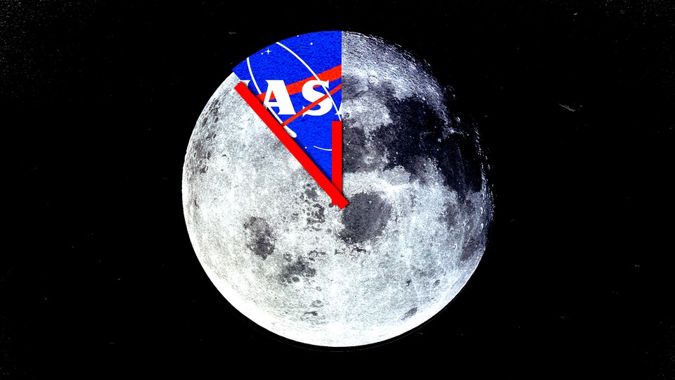 An illustration featuring the moon as a clock, with part of the NASA logo across its surface