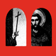 Illustration with 3 arched black-and-white images of St. Francis on red background: hand holding cross; head with halo; hand raised