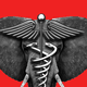 A gray-colored illustration of an elephant's head overlaid with a medical staff; the background is bright red.