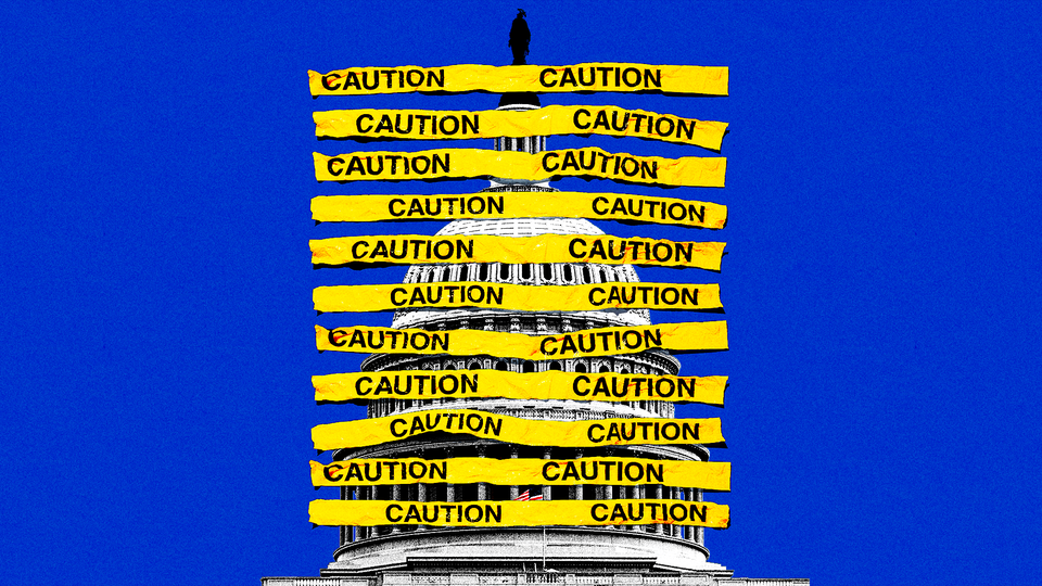 Photo-illustration of U.S. Capitol dome covered in yellow CAUTION tape