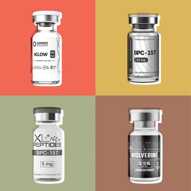 illustration with 4 black-and-white labeled peptide vials on different color squares