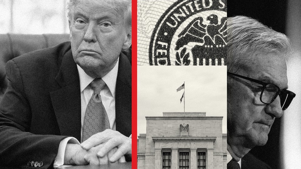 Collage of pictures of Donald Trump, the Federal Reserve building, and Jerome Powell