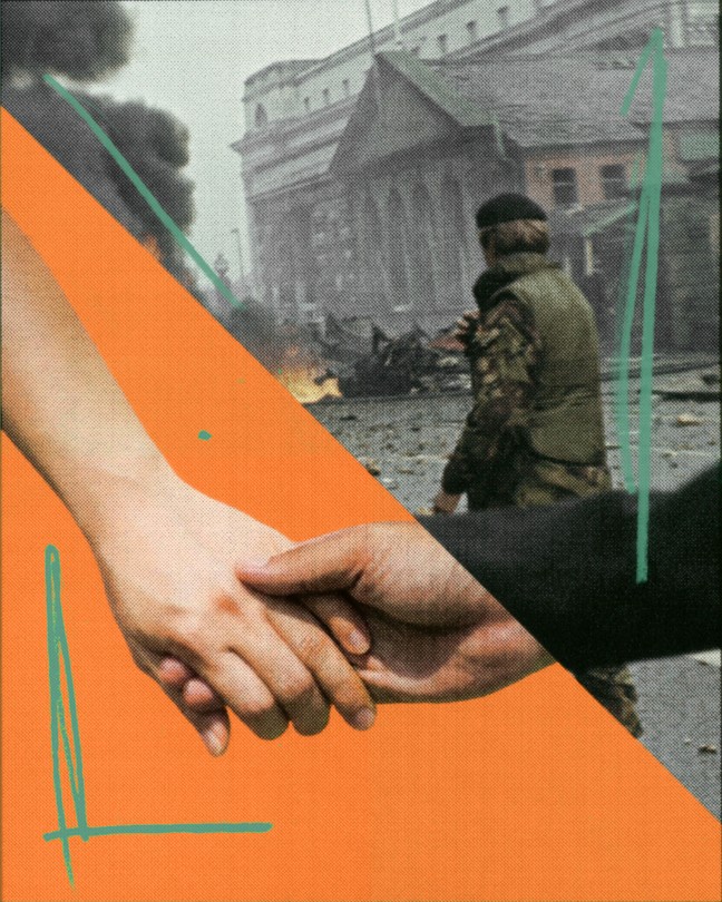 Image of hand-holding juxtaposed with archival image from the Troubles