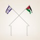 Israeli and Palestinian flags on flagpoles that bend and cross over each other to form the shape of a house with a roof