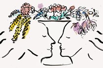 An illustration of two faces close together, the space between them forming the shape of a vase, with colorful flowers splaying out