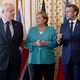 Boris Johnson, Angela Merkel, and Emmanuel Macron stare uneasily at one another.