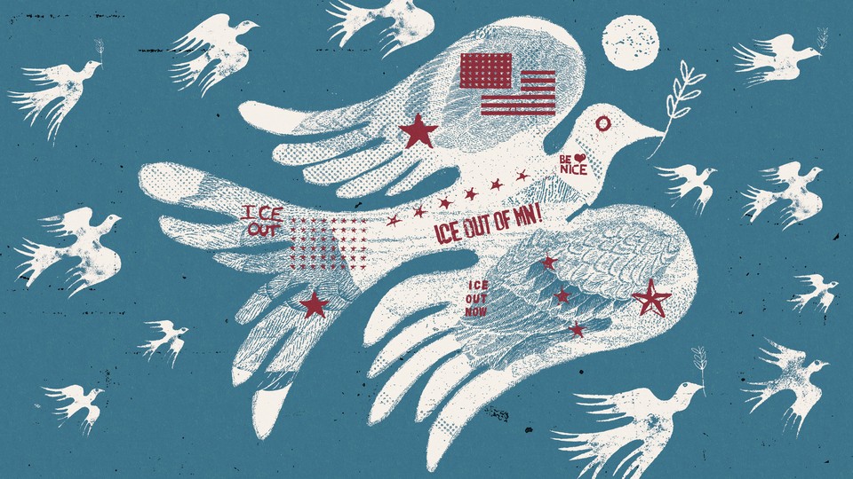 A drawing of a dove with an American flag and anti-ICE messages on it flies with other birds.