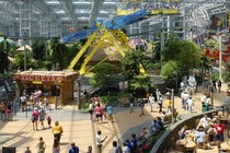 A photo showing visitors to the Mall of America, people in line to buy tickets, and a yellow-and-blue ride in the background