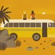 An illustration of two friends sitting on top of a school bus parked in the desert.