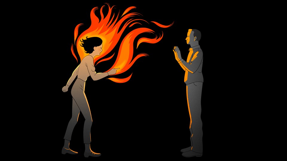 An illustration of a woman with fire coming off her as she yells at a man
