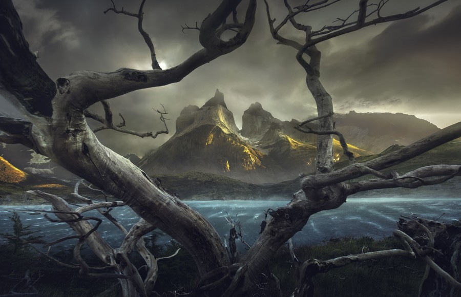 Steep mountains seen in the distance, beyond a windswept lake, viewed through twisted tree branches.