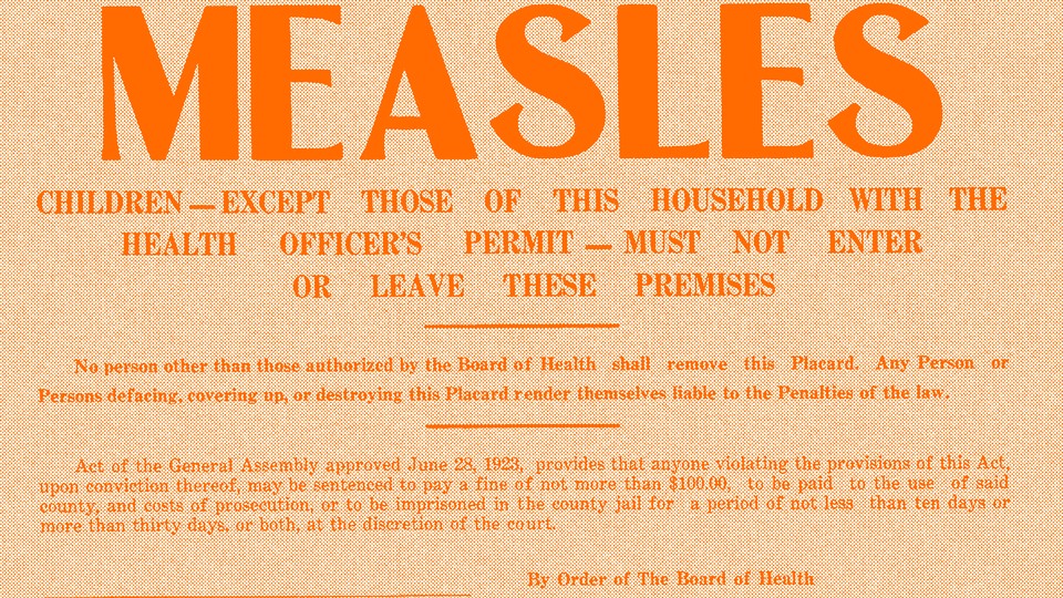 This placard was a medical warning notice affixed to the doors of a household containing a sick individual with a transmittable disease. This dates from 1923 and was issued by the Board of Health.