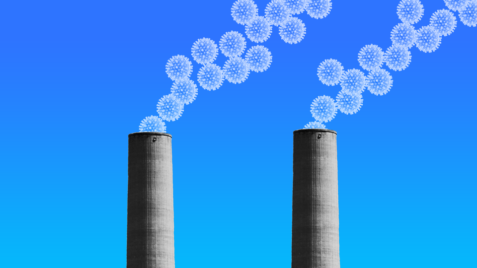 Two smokestacks are spewing cartoon viruses into the sky.