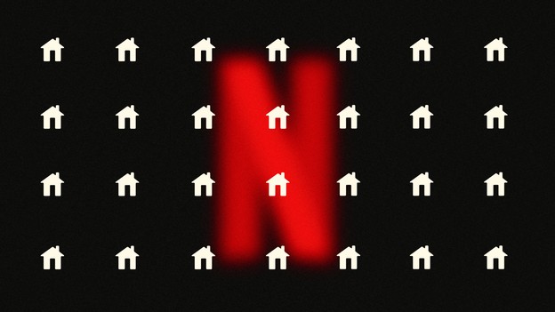 An illustration featuring symbols for multiple households against a background with the Netflix logo