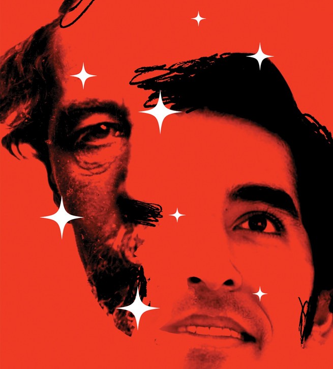 Illustration of two mens' faces with white stars on a red background