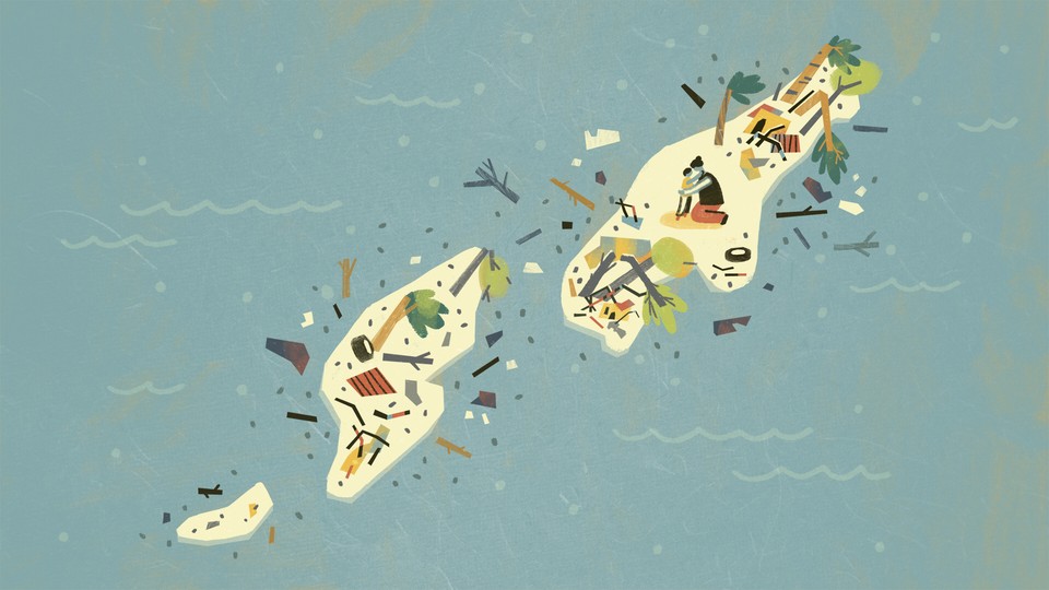 An illustration of small islands covered in the debris left by a storm