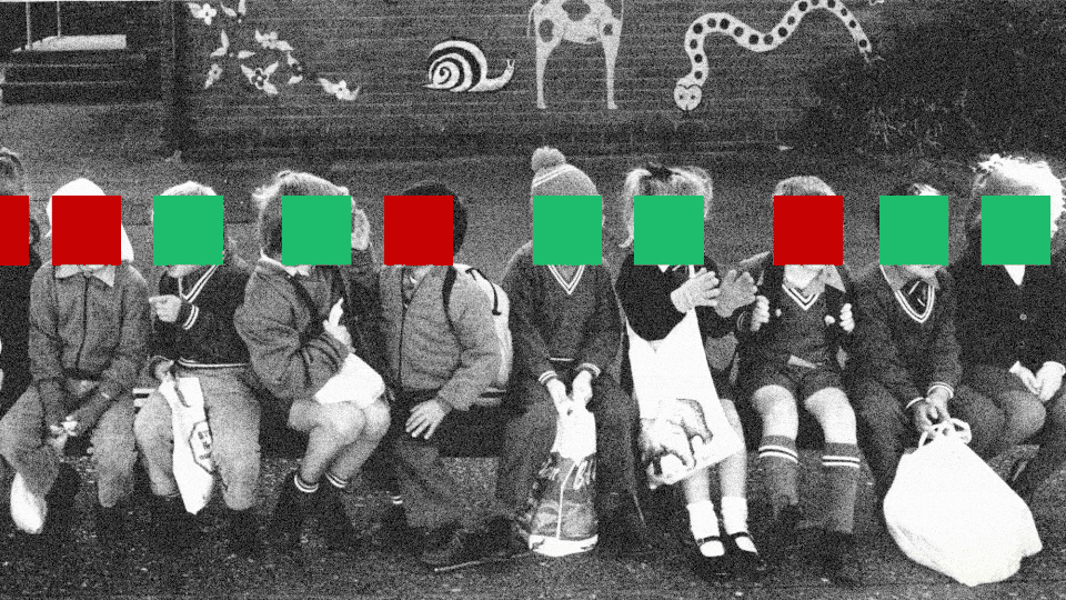 Illustration of kids with red and green squares covering their faces.