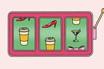 An illustration of a slot machine where the icons are coffee, stilettos, and a martini
