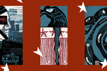 Three pillars of images are collaged over a red background. On the left is a military head and helmet, in the middle is an eagle with a cracked pillar and on the right a coiled snake.