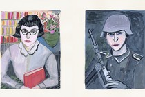 2 illustrations: a woman with black bobbed hair and dark-rimmed glasses holding a red book with flowers and bookshelves in background, and a German soldier with helmet and rifle
