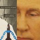 A triptych featuring two clippings about nuclear weapons and a close-up of Vladimir Putin