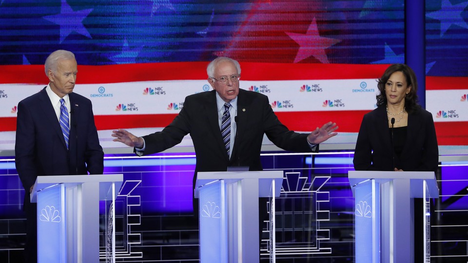Joe Biden, Bernie Sanders, and Kamala Harris during the second night of the first Democratic debate.
