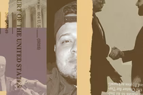 A collage of news photos, including a man in a suit standing in front of news microphones, Trump shaking hands with a foreign official, and a copy of a SCOTUS ruling