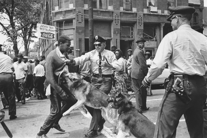 Police in Birmingham in 1963 deploying K-9 police dogs on 15-year-old Walter Gadsden.