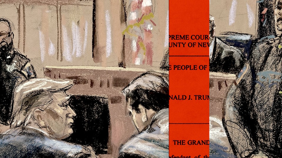 A court sketch of Donald Trump and an image of a court filing