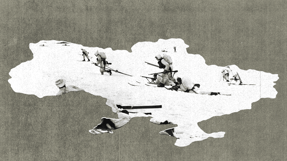 An outline of Ukraine with a photo of soldiers rushing through snow set inside of it.