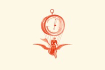 Illustration of a woman riding a dragon-bike with a clock