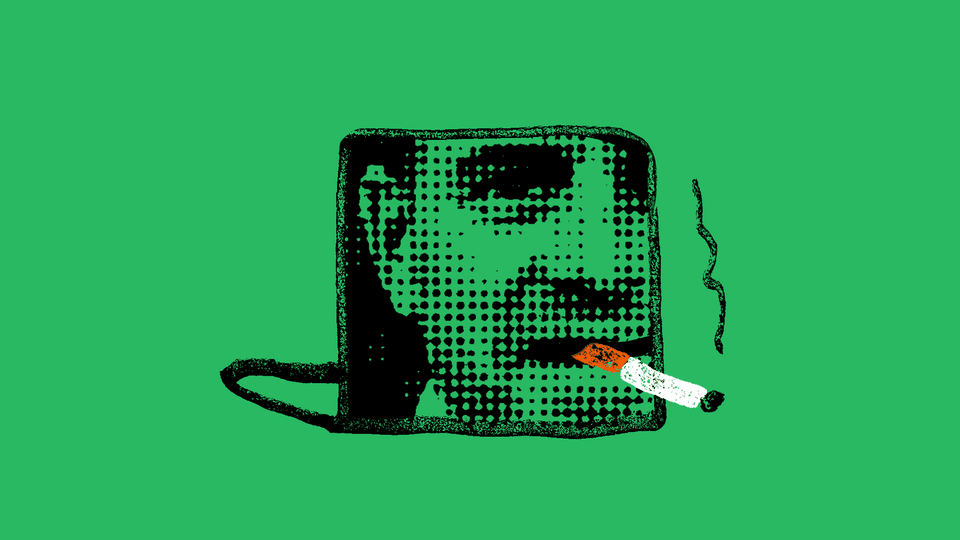 A stylized image of a laptop with Hunter Biden’s face on the front. A cigarette is in his mouth.