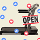 A photo collage of a  treadmill with an "open" sign and Facebook icons on top of it.