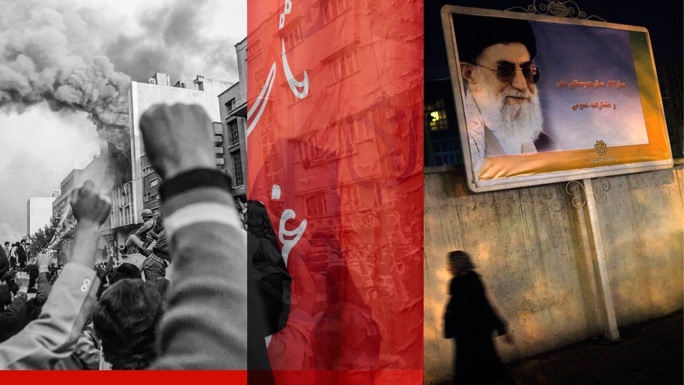 A collage showing Iranians during an uprising and a photograph of a poster of Ayatollah Khomeini on the streets of Tehran
