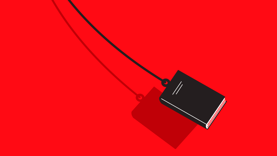 An illustration of a book swinging