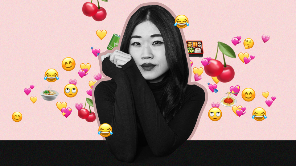 A graphic of Mary H.K. Choi surrounded by emojis 