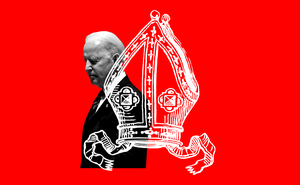 a bishop's miter superimposed on a photo of Joe Biden