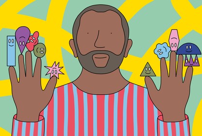 An illustration of a man with a representation of a good thing on each of his 10 fingertips