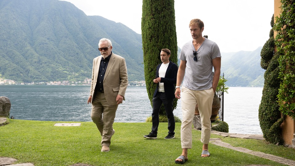 Logan Roy and Lukas Matsson walking away from Roman Roy in "Succession"
