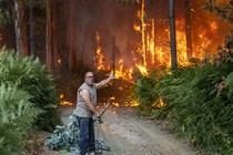 A man stands on a dirt road holding a tree branch, gesturing toward a raging fire in the forest behind him.