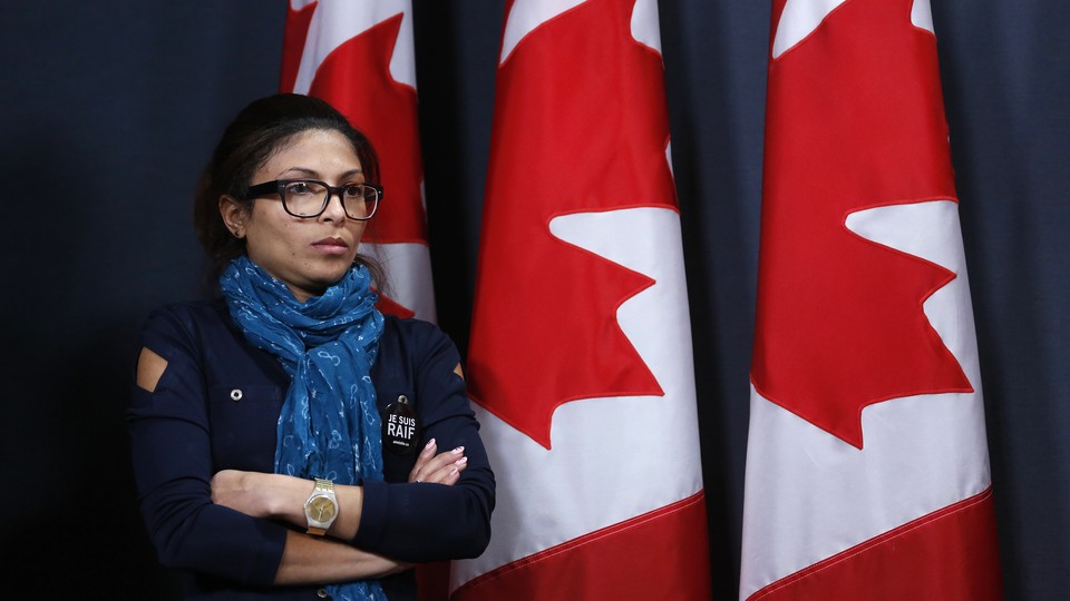 Ensaf Haidar takes part in a news conference calling for the release of her husband, Raif Badawi, in Ottawa in 2015.