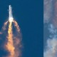 At left, a photograph of SpaceX's Starship rocket flying in mid-air, engines blazing; at right, a photograph of white smoke left behind after Starship exploded