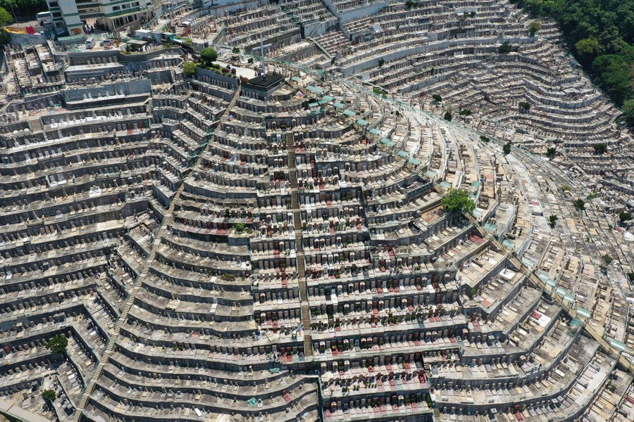An aerial view of a densely populated hillside cemetery