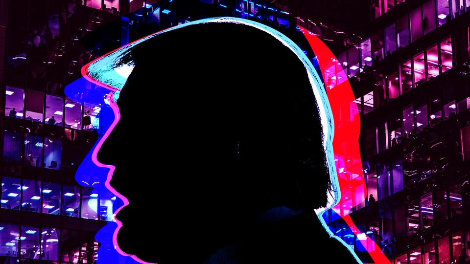A silhouette of Donald trump is seen in contrast against Moscow buildings.