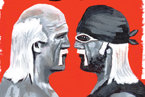 A black-and-white sketch of the babyface and heel versions of Hulk Hogan facing each other in profile, with two figures wrestling in the background, all on a red base