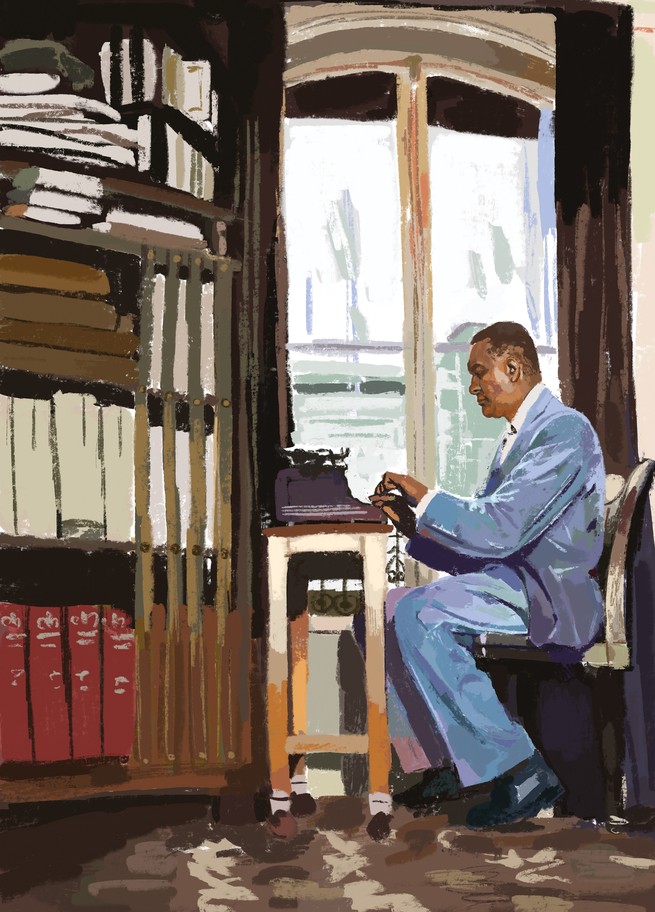 Illustration of Richard Wright sitting at a desk and writing on a typewriter